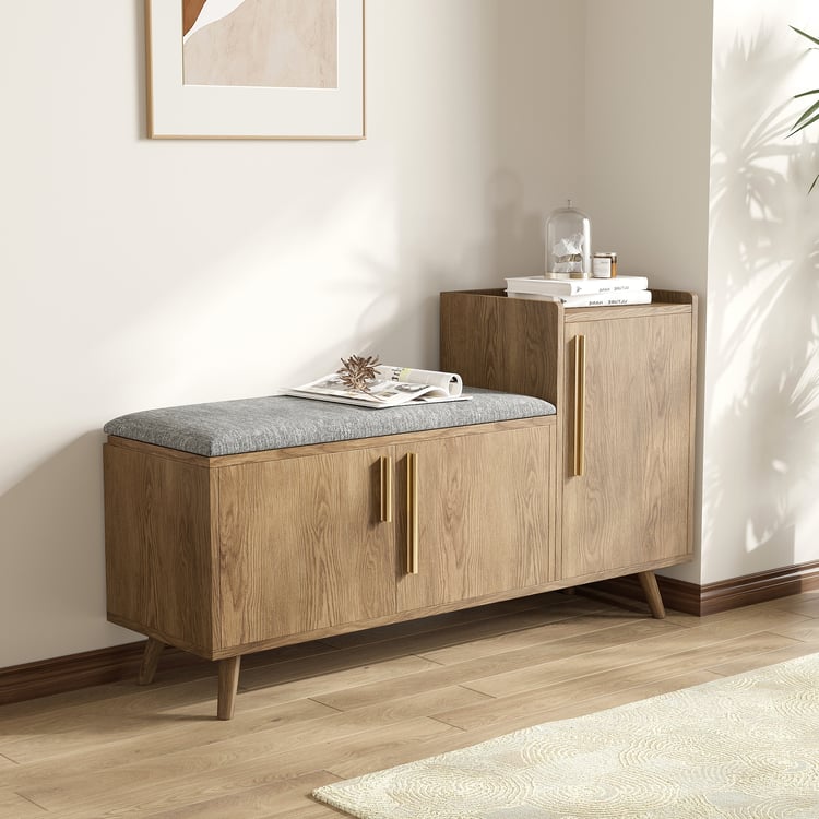 Banc de rangement à chaussures en noyer avec meuble d'entrée sur la droite