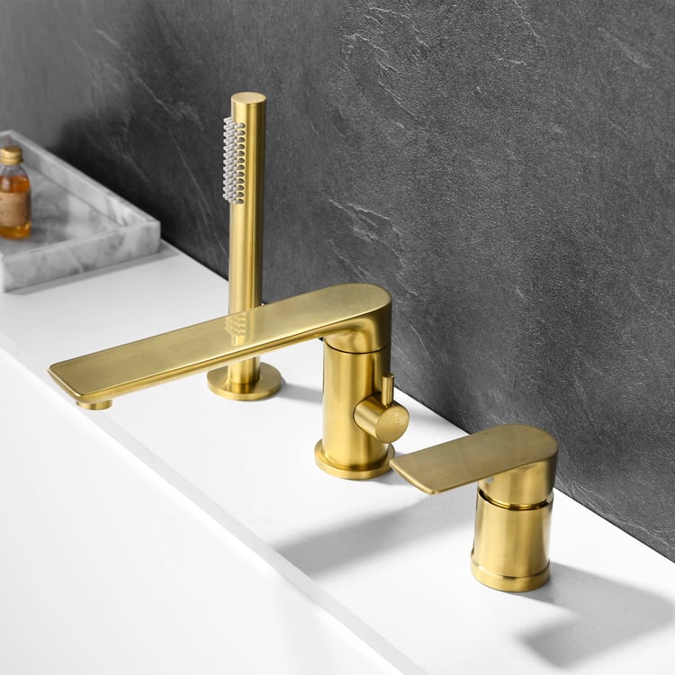 Brushed Gold Deck-Mount 3-Hole Bath Filler Tap with Handshower Solid Brass