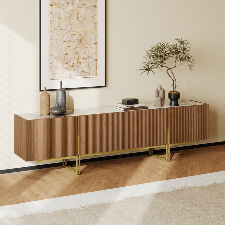 Televizní skříňka Grovyn se slinutou kamennou deskou 220 cm v barvě ořechu