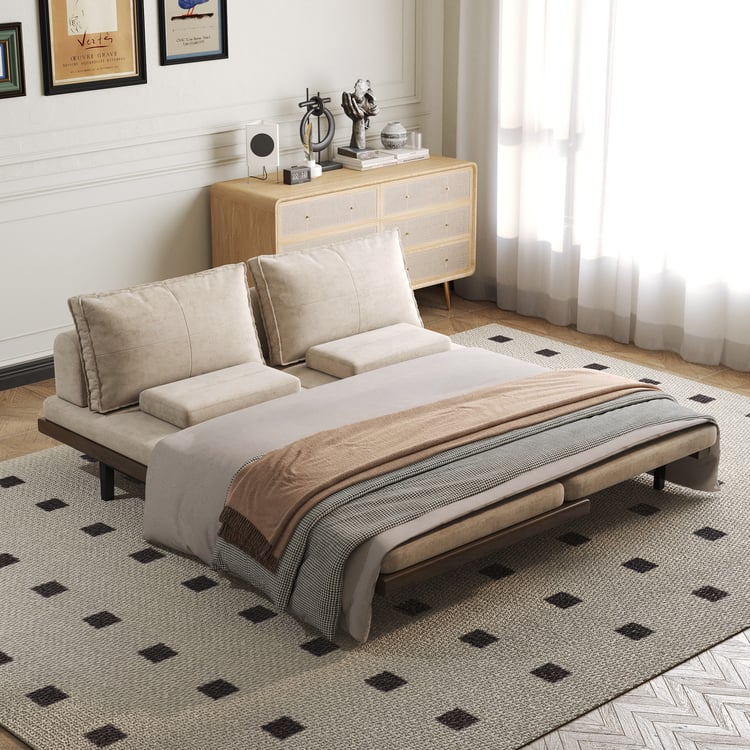 3-seater sofa bed in linen fabric with cushions - khaki