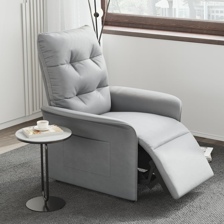 Modern electric recliner in gray leather with high backrest and side pocket