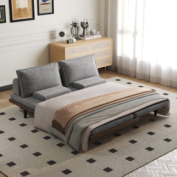 Canapé-lit convertible moderne Mid Century en bois gris, coton et lin
