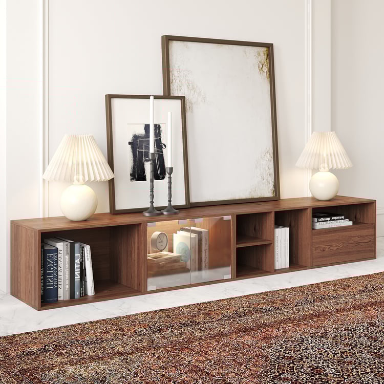 Modulární televizní stojan se skleněnými dveřmi a LED světlem, 94" v ořechu