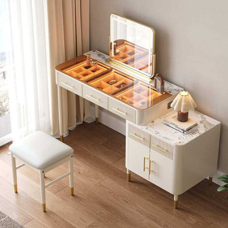 White Glass Sintered Stone Top Makeup Vanity Set with Mirror