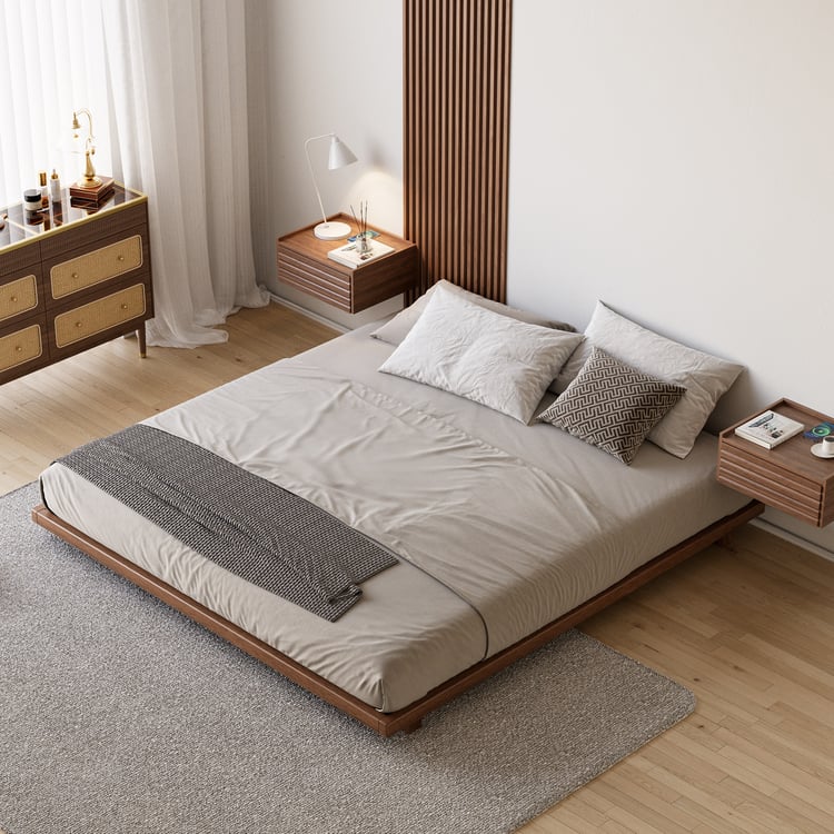 Japanese Style King Floor Wood Bed in Walnut