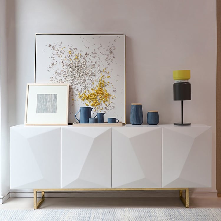 Buffet moderne en bois blanc brillant de 180 cm avec armoires et étagères réglables
