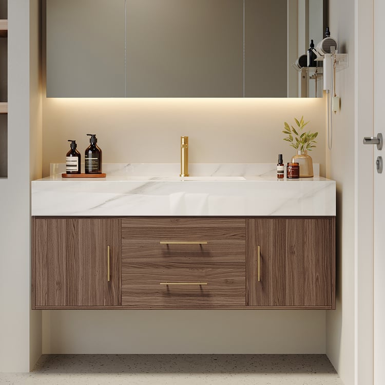 1000mm Walnut Floating Bathroom Vanity Set Stone Top Wall Mounted Bathroom Cabinet