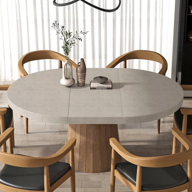 Japandi 1000mm-1400mm Extendable Dining Table for 6 Grey Oval&Round Pedestal