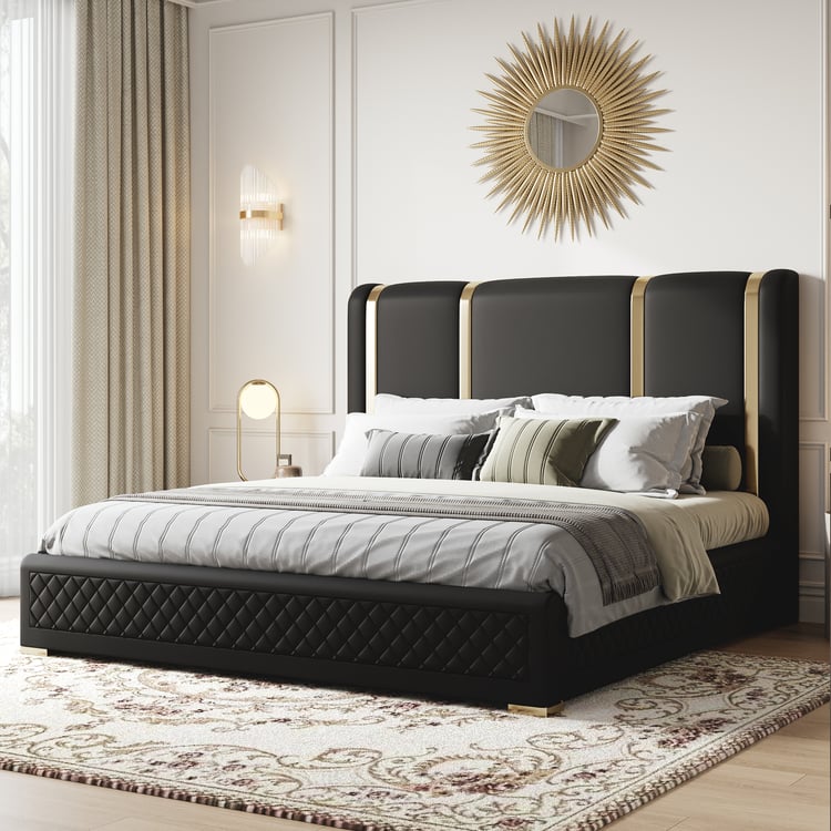 Modern Black Upholstered King Bed Polished Gold and Faux Leather Headboard Included