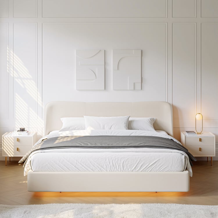 Modern White 1800 mm Bed Frame with Leather Headboard with Wing Backrest