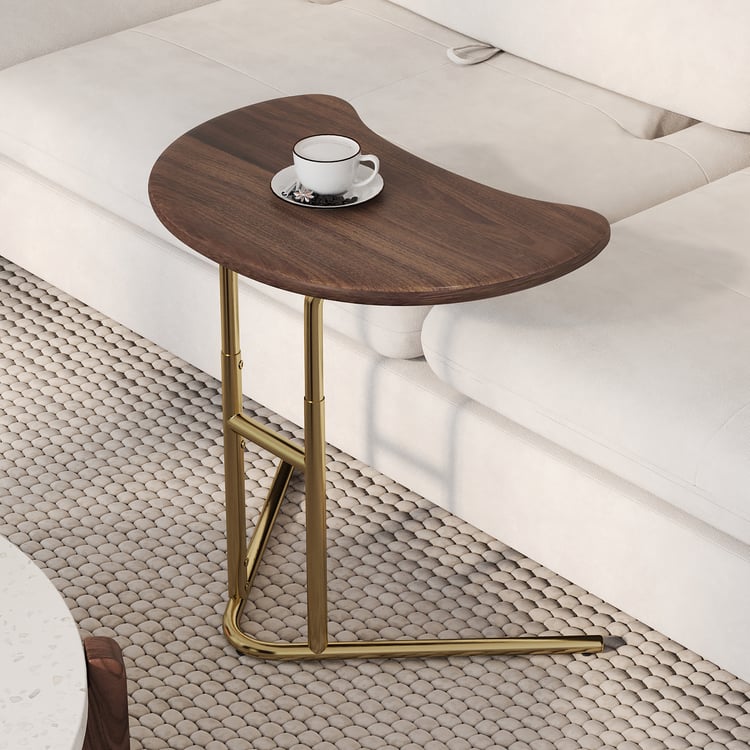 Walnut & Gold C-shaped Lift Top Adjustable Side Table