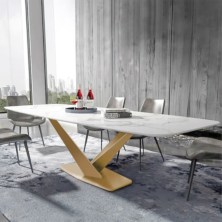 1600mm Modern White Sintered Stone Rectangular Dining Table with Stainless Steel X-Base