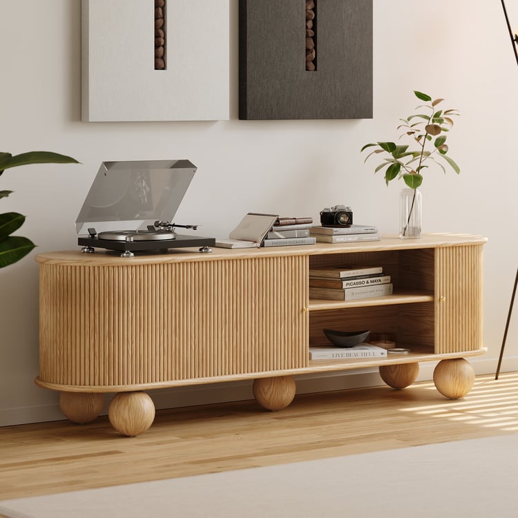 Meuble TV cannelé ovale en bois de frêne Stria 1800 mm avec rangement