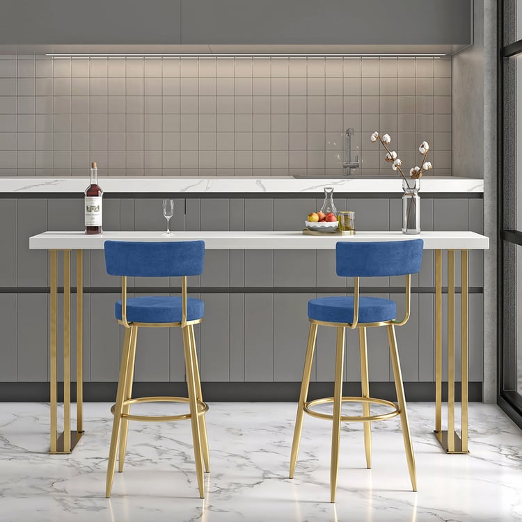 Round Blue Bar Height Stool Velvet Upholstery with Back & Footrest for Kitchen Island