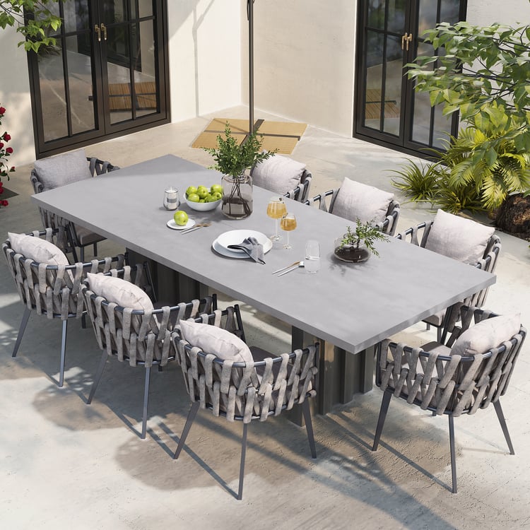 9-delige grijze aluminium eetset voor op het terras met uitschuifbare tafel en geweven fauteuil