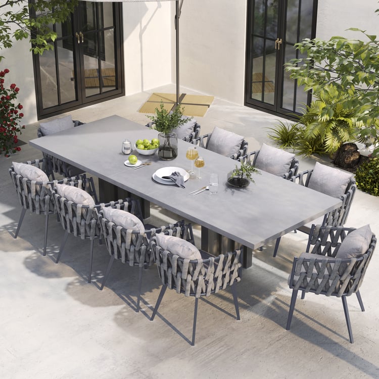 11 Pieces Gray Aluminum Outdoor Patio Dining Set with Extendable Table and Woven Armchai