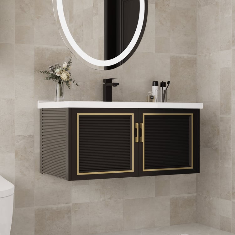 710mm Black Floating Bathroom Vanity Set Drop-In Ceramic Basin with Cabinet