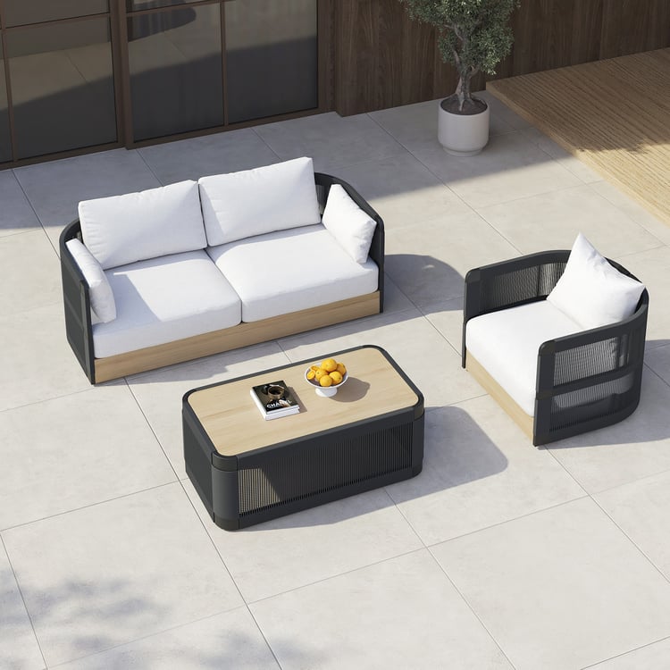 Ensemble canapé d'extérieur rotatif Costra 3 pièces en aluminium et corde avec table basse noire pour 4 personnes