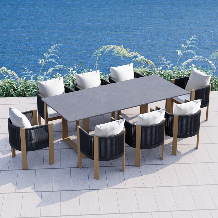 9-Pieces Faux Marble Outdoor Dining Set with Woven Rope Chairs for 8 Person (2200mm)