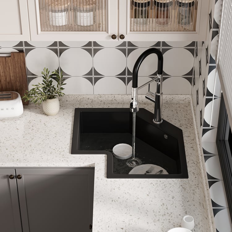 Évier de cuisine d'angle à encastrer noir de 640 mm, évier irrégulier moderne à cuve unique en quartz