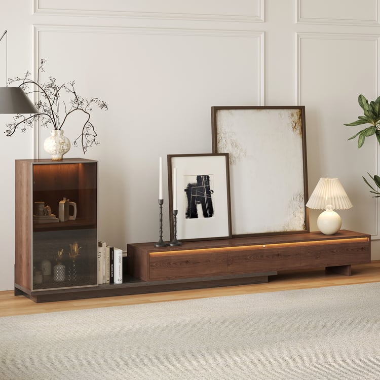 Meuble TV extensible Fero en noyer avec étagères et lampe (2500 mm à 3930 mm)