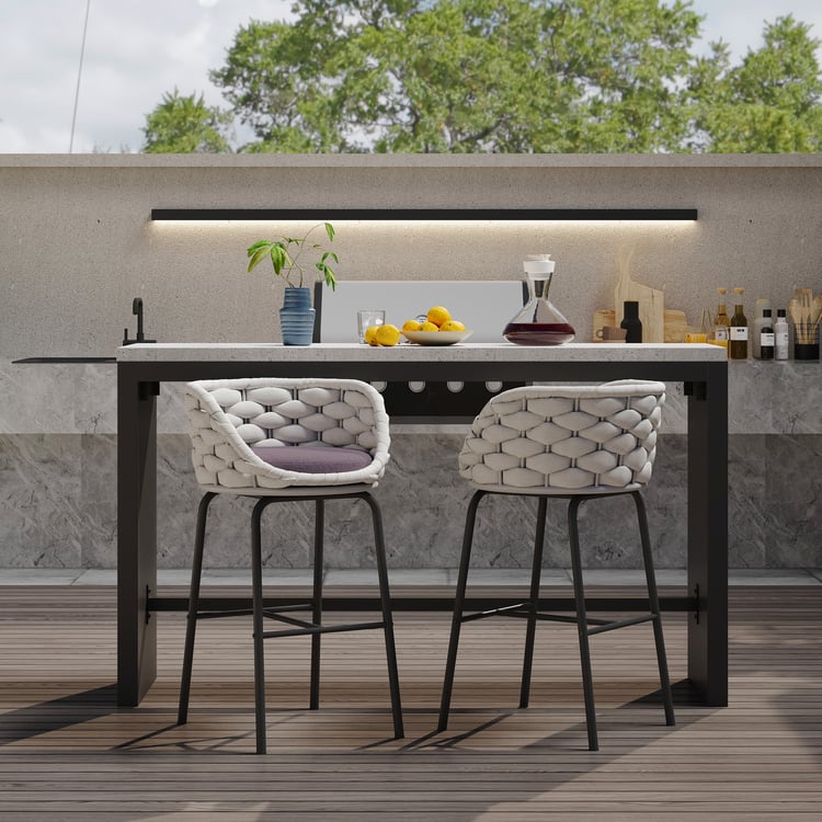 Cadeira externa de 2 peças, corda tecida de pátio e bancos de bar de alumínio de 38", conjunto de bancos de bar com base giratória