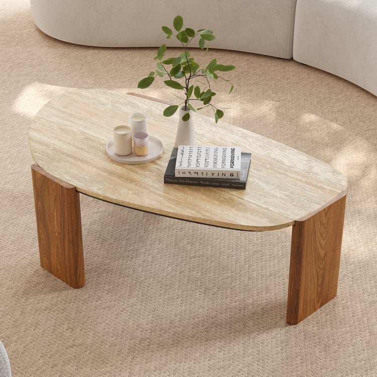 Table basse travertin et bois massif beige géométrique pour usage intérieur et extérieur