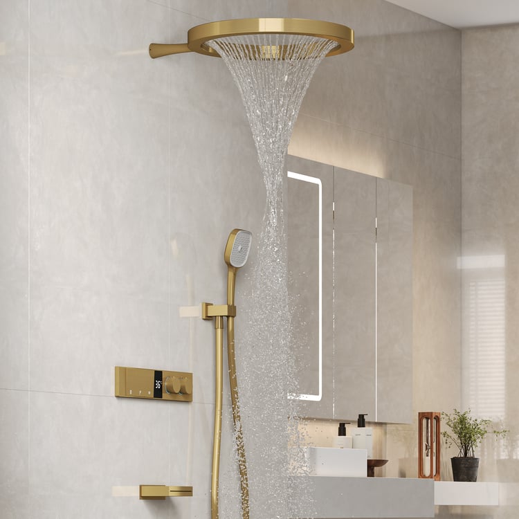 Luxury Gold Thermostatic Shower System with Overhead Rainfall & Handheld Spray