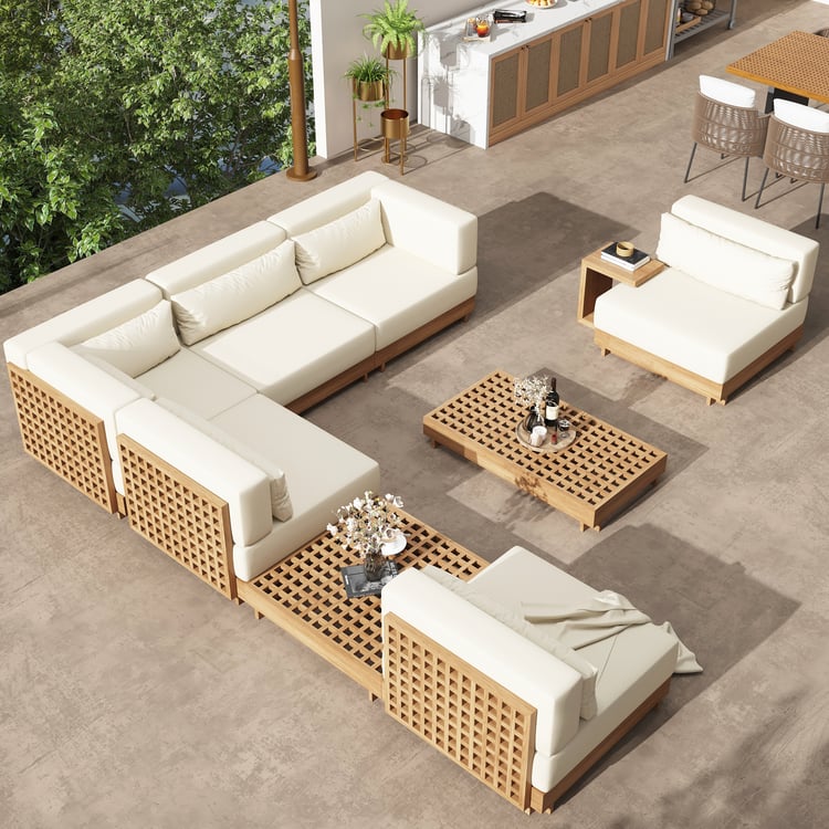 9-Pieces Premium Teak Modular L-Shaped Outdoor Sectional Sofa Set in Beige