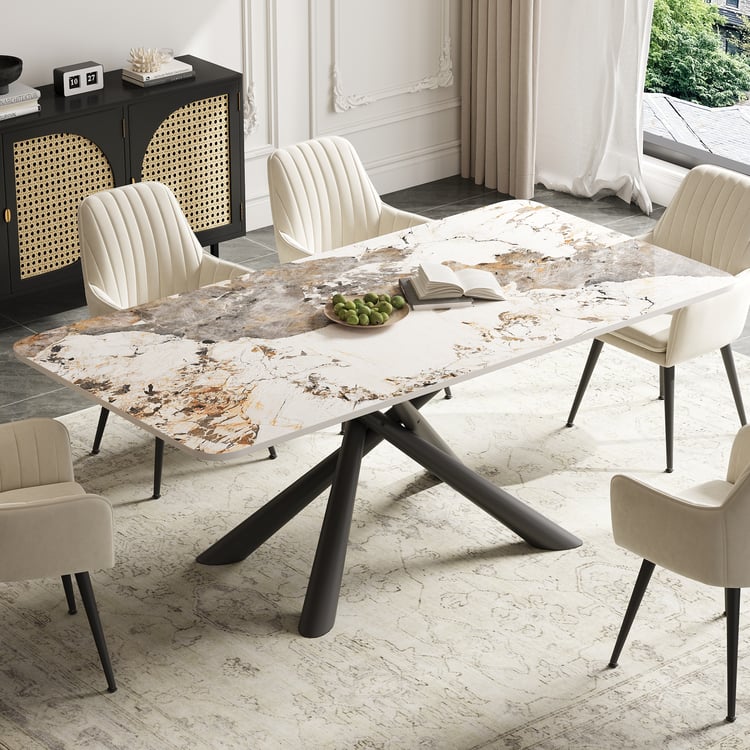 1600mm Modern Stone Top Rectangle Dining Table in Pandora & Gold with Trestle