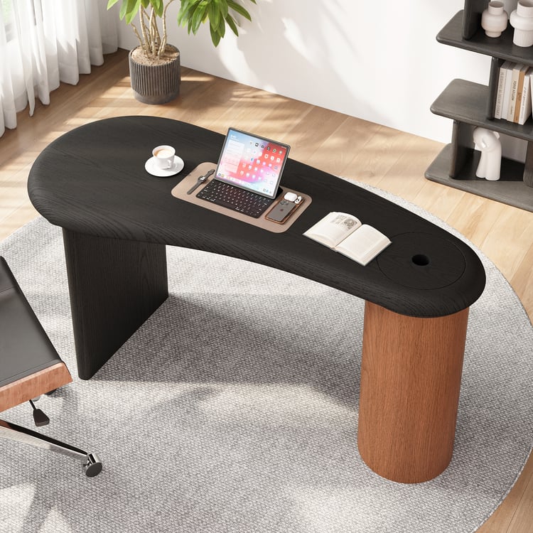 Curved Wood Base Home Office Desk with Hidden Storage(59")