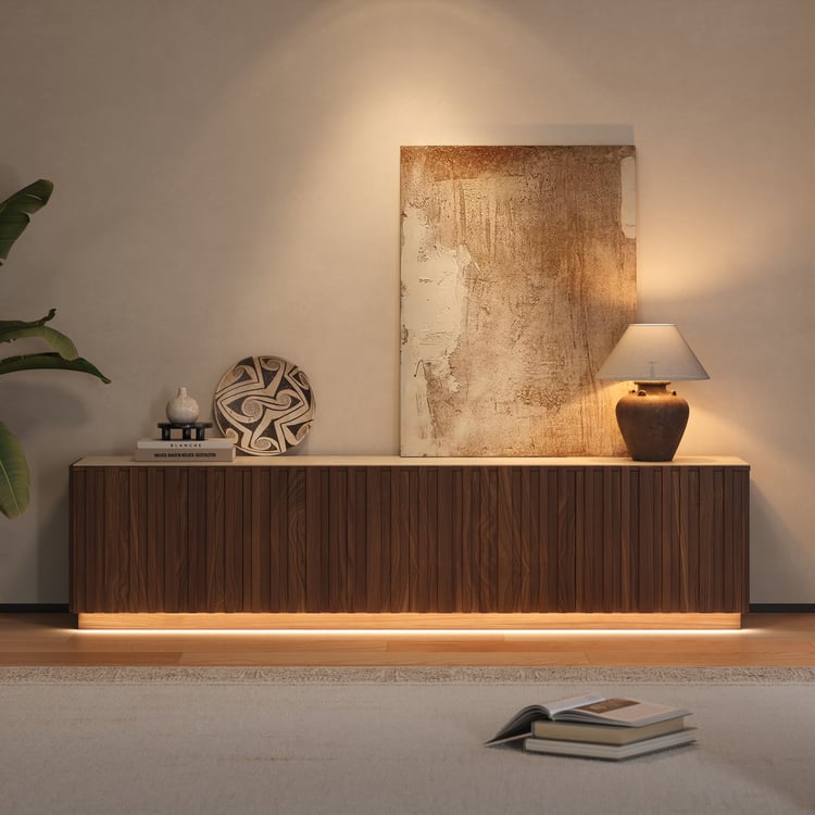 Aura 2130 mm essenhouten tv-meubel met lattenbodem en tafelblad van gesinterd steen