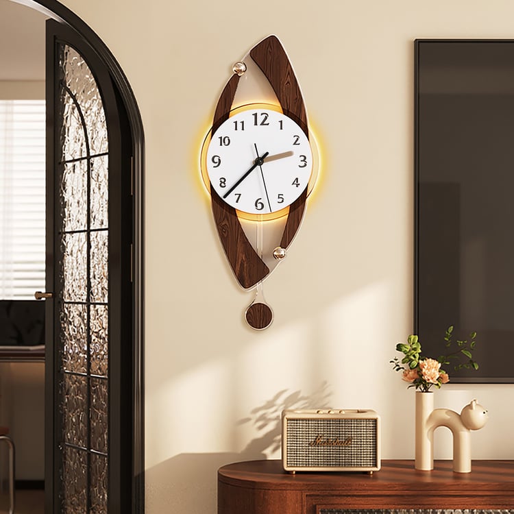 Modern Wall Clock with LED and Pendulum, Plug-in LED Light, Battery-Operated Clock