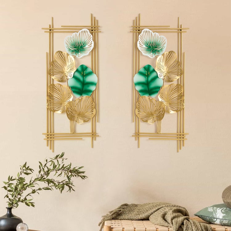 33.9" 2 Pieces Metal Leaf Framed Wall Decor Gold & Green Rectangle in Living Room