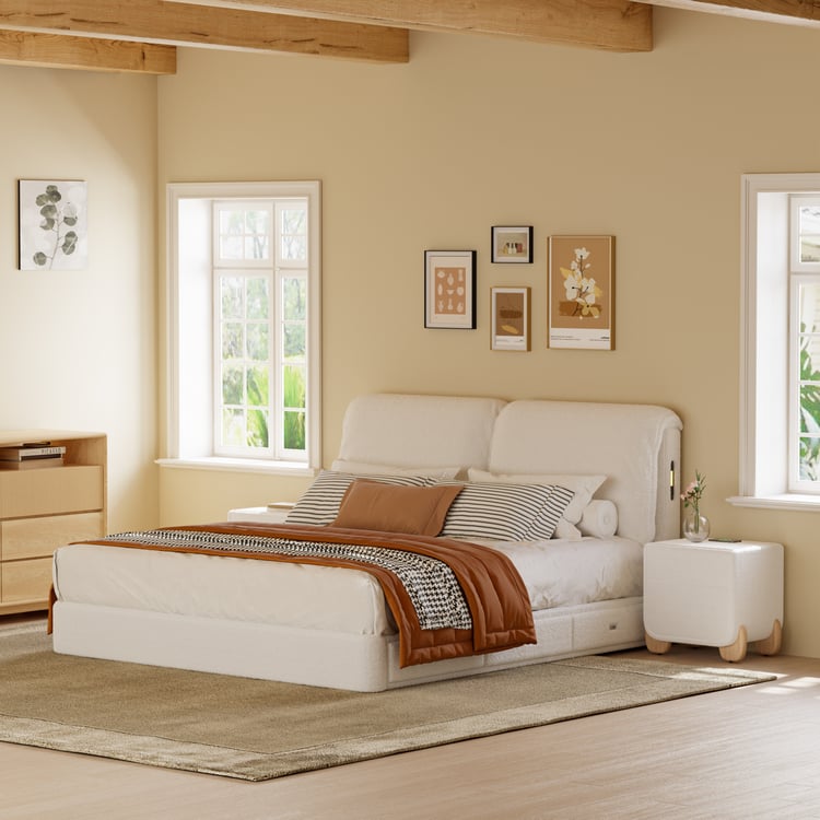 Modern King Size Boucle Storage Bed with Light & Charging Station