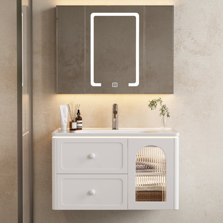 800mm Modern Floating LED Bathroom Vanity with Ribbed Glass Door & Drawers