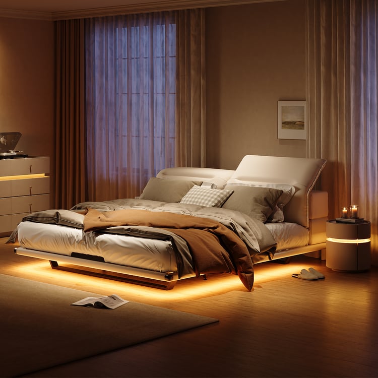 Modern Super King Size Floating Bed Frame with Light & Adjustable Headboard