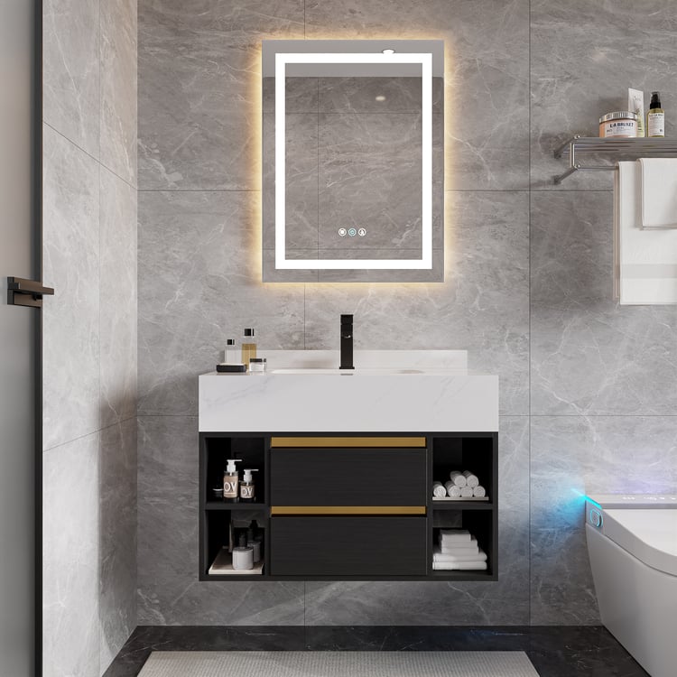 800mm Floating Bathroom Vanity Set with Ceramic Basin 2 Drawers & Open Shelves in Black