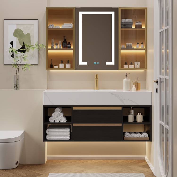 1200mm Floating Bathroom Vanity Set with Ceramic Basin 2 Drawers & Open Shelves in Black