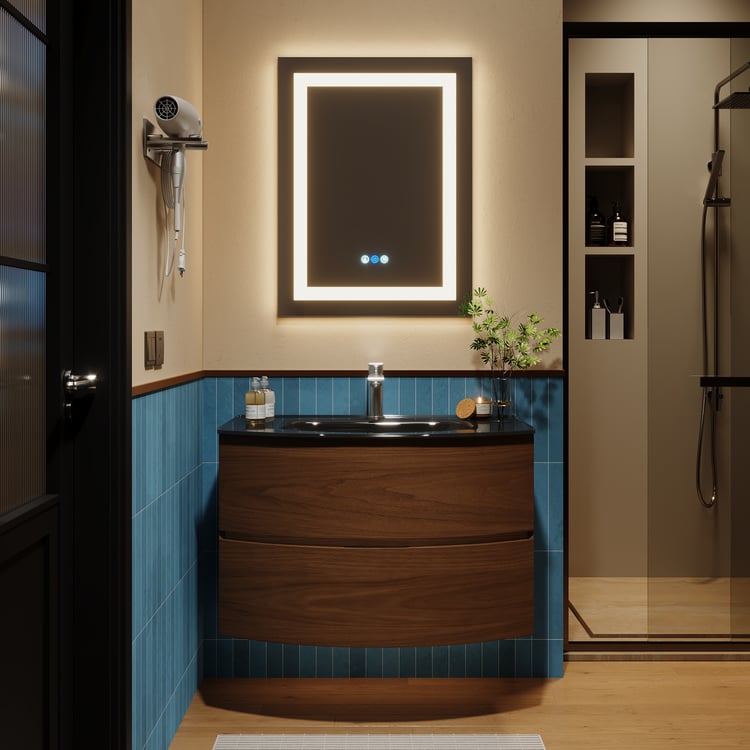 Modern 800mm Floating Bathroom Vanity with One-piece Glass Basin 2 Drawers in Walnut