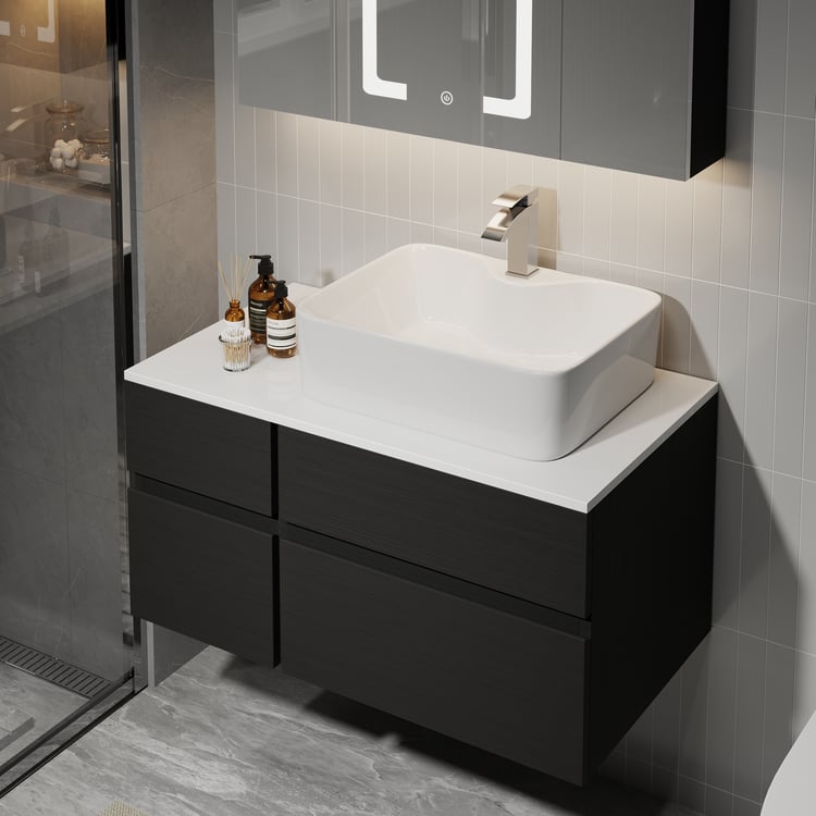 Wisząca szafka łazienkowa 80cm, blat z żywicy kamiennej, umywalka ceramiczna