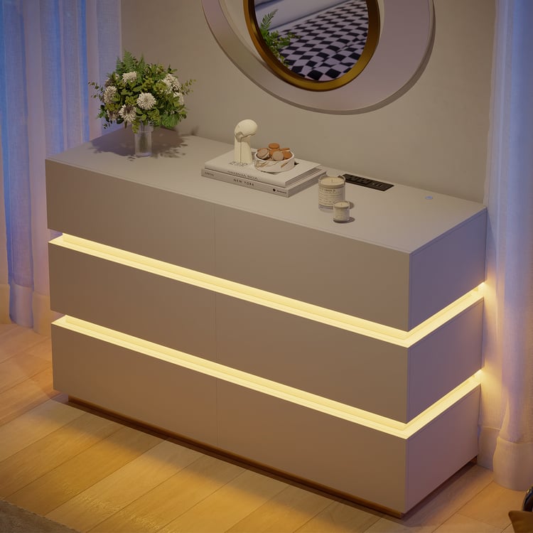 Cómoda Lumio de 120 cm com luz LED, 6 gavetas e estação de carregamento, branco