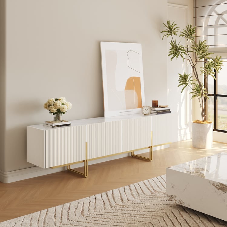 Meuble TV Grovyn 200 cm avec plateau en pierre frittée et design cannelé