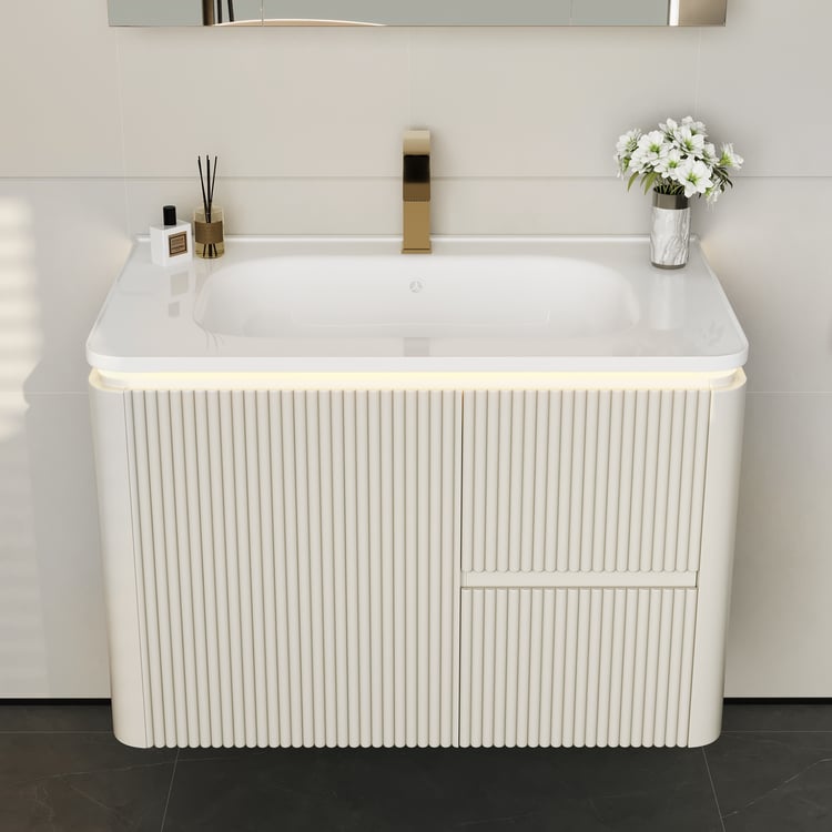 Conjunto de toucador de banheiro moderno de 31,5" Vaidade de banheiro flutuante de LED branco quente com pia