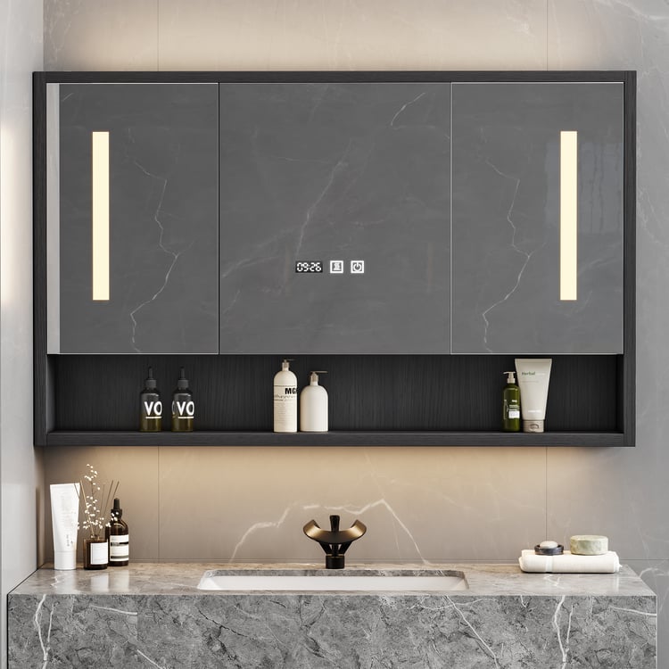 1000 mm zwarte LED-medicijnkast met instelbare verlichting, demister en digitale klok