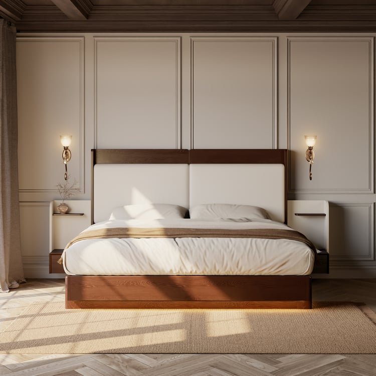 Solid Wood Bed with Leather Extended Headboard & Floating Smart Nightstand Set