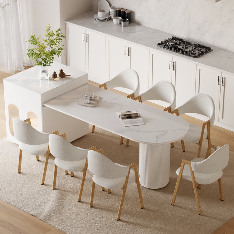 Îlot de cuisine extensible avec dessus en pierre frittée à motif marbré, 180 à 210 cm