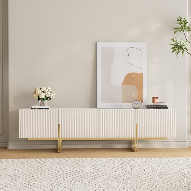 Meuble TV Grovyn 200 cm avec plateau en pierre frittée et design cannelé