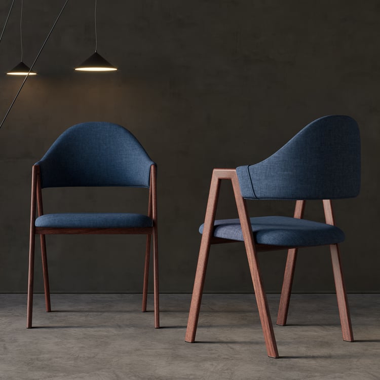 Blue Linen Upholstered Dining Chair Curved Back Chair Set of 2