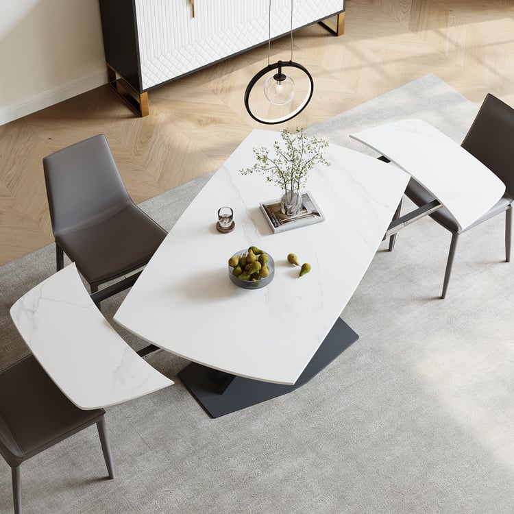 Table de salle à manger moderne extensible en pierre frittée blanche de 1800 mm avec base en X à feuilles pour 4 à 6 personnes